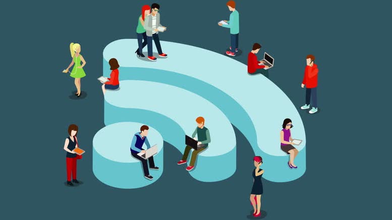 image of people with various tech devices sitting on the wifi symbol_Cropped